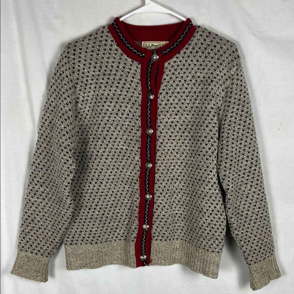 Vintage L.L. Bean Tan and Red Birdseye Fisherman Button Up Sweater Cardigan
